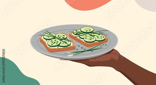 Close up of a person holding a plate with two slices of healthy cucumber toast topped with chives and cream cheese.