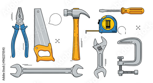 Selection of common hand tools like a hammer, saw, pliers, and screwdriver for home improvement and construction projects.