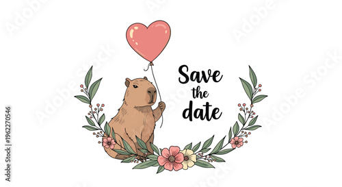 Sweet capybara character holding a pink heart shaped balloon surrounded by a semi circular floral wreath and text.