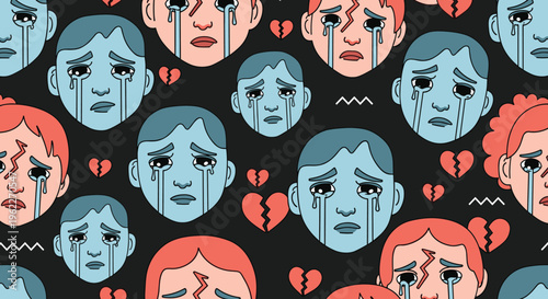Emotional seamless pattern featuring crying faces with different skin tones and broken red hearts on a dark black background.