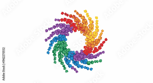 Abstract spiral made of small, colored cubes on white background
