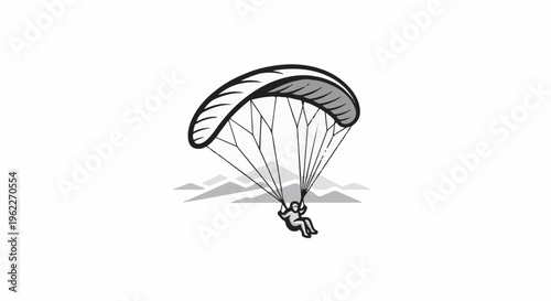 Black and white graphic of a paraglider soaring over distant mountain peaks