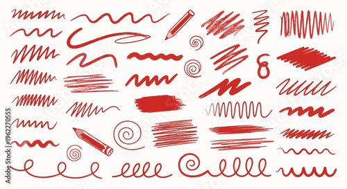 Assorted red crayon scribbles, lines, swirls, and pencils on white