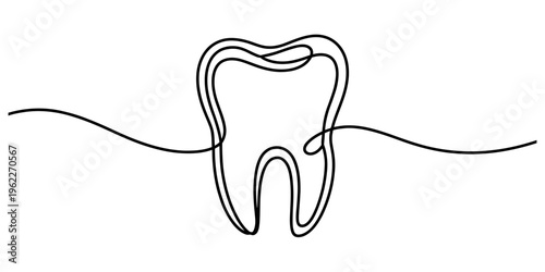 Continuous line drawing of a human tooth icon for dental care and medicine concepts. Vector, illustration