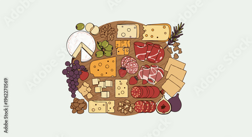 Assortment of cheeses, meats, fruits, nuts, and crackers on a wooden board