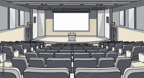 An empty, modern lecture hall with rows of seats facing a large screen