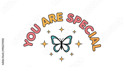 Motivational quote You Are Special featuring a colorful butterfly and stars in a retro groovy typography style for posters.