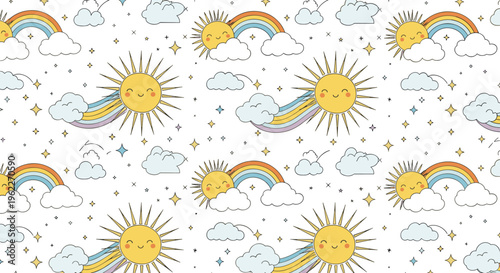 Seamless nursery pattern with happy smiling sun characters, rainbows, clouds, and stars for children room and baby textile.