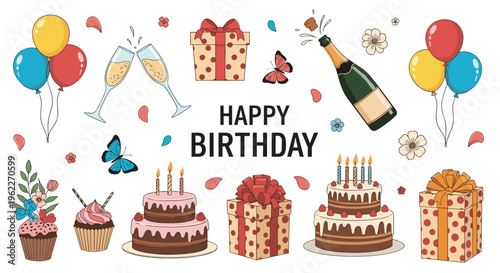 Large collection of festive birthday party elements including cakes, gifts, champagne, and balloons for celebration design projects.