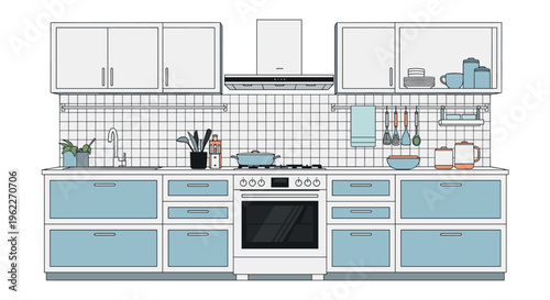 Modern kitchen interior illustration featuring light blue cabinets, white tile backsplash, and various cooking utensils.