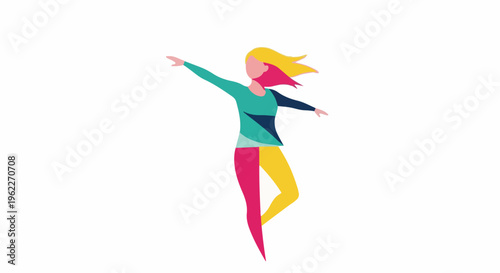 Abstract figure with flowing hair and contrasting colors, arms outstretched