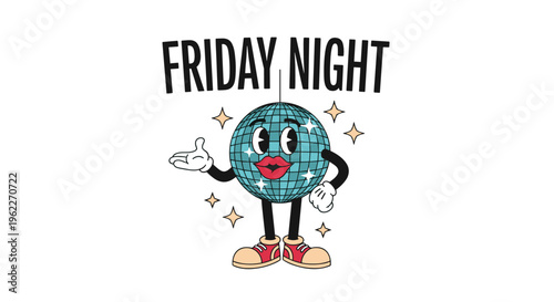 Retro style illustration of a smiling disco ball character with red lips under Friday Night text for weekend party flyers.