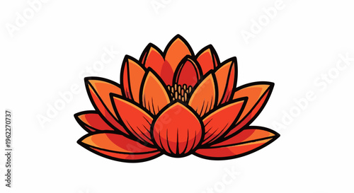 An illustration of a blooming lotus flower with vibrant orange and red petals