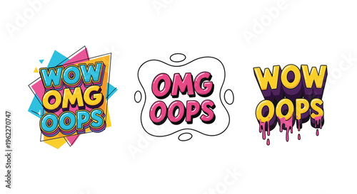 Collection of colorful pop art badges with slang words like WOW and OMG for social media stickers and fun graphic designs.