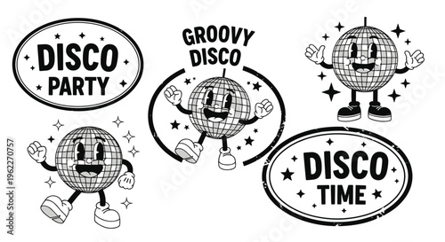 Set of retro groovy disco ball characters in various poses with different party slogans for events and digital stickers.