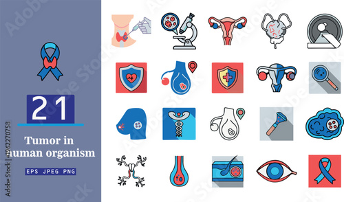 This diverse collection of 21 medical vector icons visually represents various aspects of tumors in the human organism
