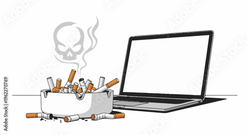 An ashtray full of cigarette butts and a laptop