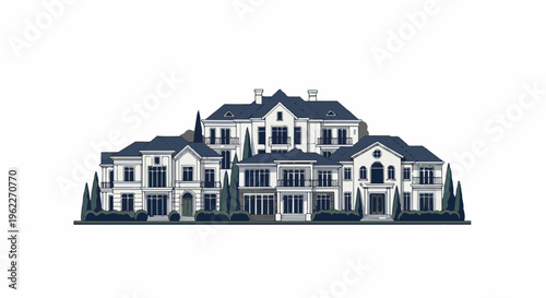 An illustrated, multi-winged, opulent mansion with a dark roof