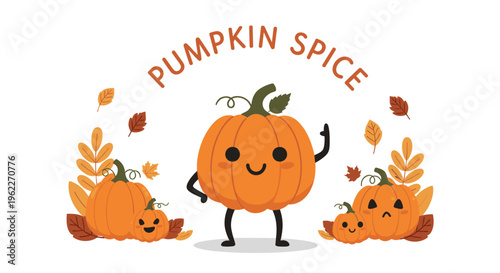 Cute autumn composition featuring happy pumpkin characters with fall leaves under Pumpkin Spice typography for the season.
