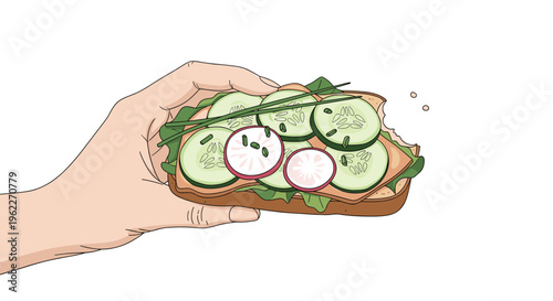 Close up illustration of a hand holding a healthy sandwich with sliced cucumbers, radishes, and herbs on whole grain bread.