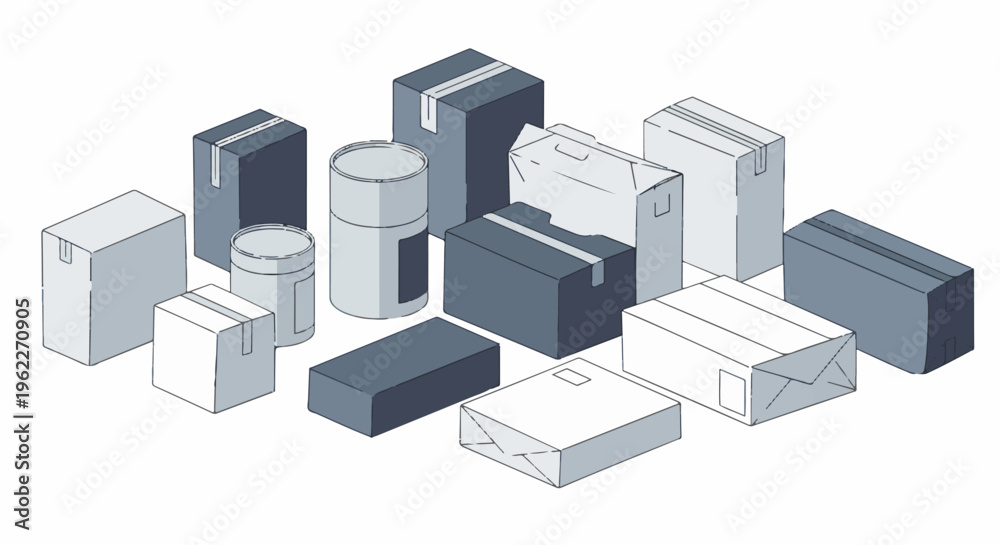 Fototapeta premium Assortment of various packaging containers rendered in a minimalist, isometric style