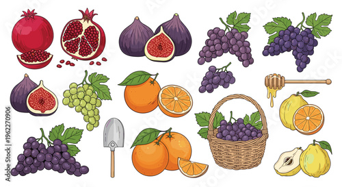 Collection of fresh and delicious autumn fruits including pomegranate figs grapes oranges and sweet honey with a dipper.