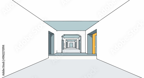 An infinite hallway with a single brightly lit doorway in the distance