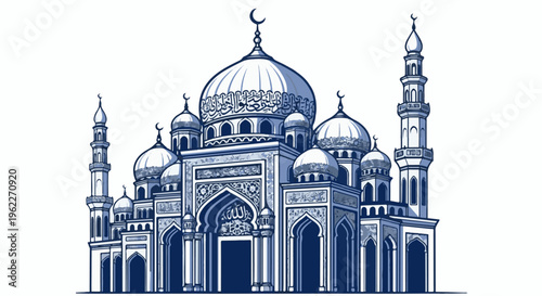 An intricate, monochrome illustration of a grand Islamic mosque with multiple domes and minarets