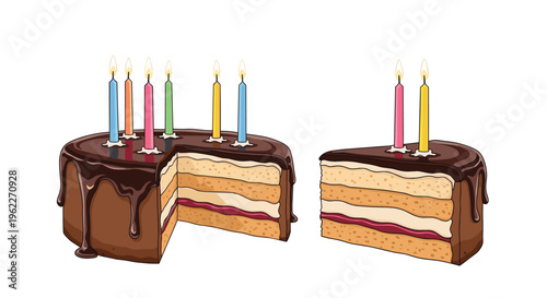Delicious multi layered chocolate cake with frosting and colorful birthday candles for a special celebration event.