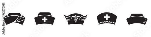 Nurse hat silhouettes icons. Nurse hat and medical cap icons set. Vector black solid icons of healthcare headwear for nursing and hospital staff. Vector Illustration.