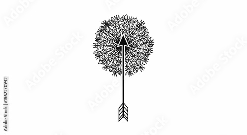 Black and white illustration of a stylized dandelion with an arrow stem