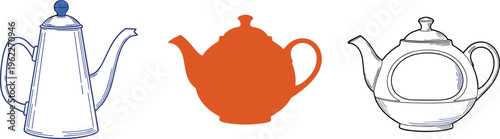 Set of Vintage Teapots in Different Styles and Outlines for Kitchen, Tea, and Beverage Design