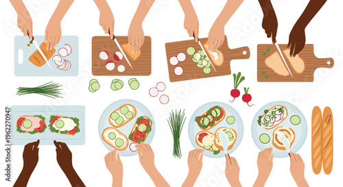 Hands of diverse people preparing healthy sandwiches and bruschettas together for a communal meal or cooking class.
