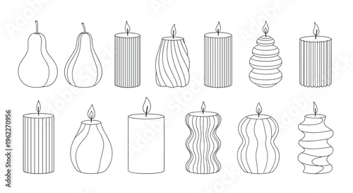 Collection of various decorative candle designs in line art style featuring different shapes and patterns for home decor.