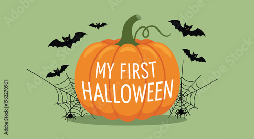 Festive halloween illustration with a large pumpkin bats and spiderwebs celebrating a baby first holiday experience.