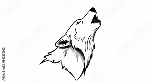 Black and white illustration of a wolf howling upward with stylized fur