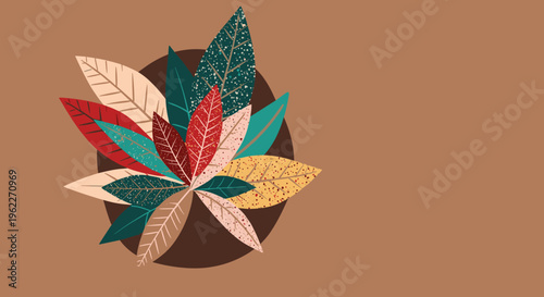 Abstract composition of colorful autumn leaves arranged in a circle for seasonal decoration and nature themes.