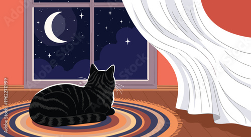 Cozy night scene featuring a black cat sitting on a colorful rug while looking out the window at the moon and stars.
