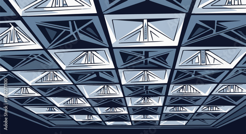 Abstract geometric pattern of triangular and rectangular shapes in shades of blue