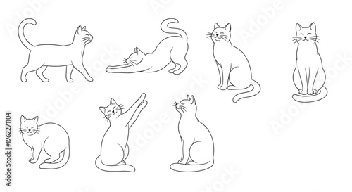 Collection of cute cat illustrations in various playful poses drawn in a simple black and white line art style.