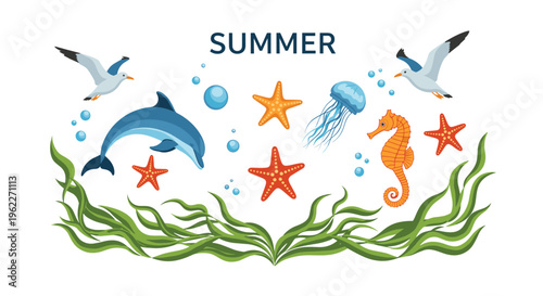 Summer vacation themed elements including a dolphin, seahorse, jellyfish, starfish, and seagulls over green seaweed on a white background.