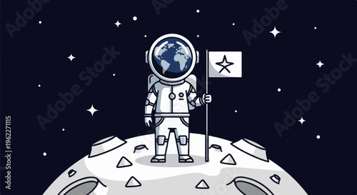 Astronaut with Earth helmet plants star flag on moon
