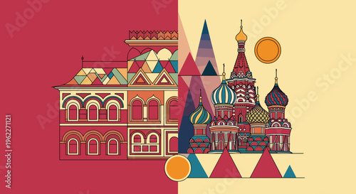 Russian architectural landmark featuring Saint Basil's Cathedral and the State Historical Museum in a stylized graphic illustration.