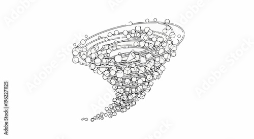 Abstract tornado of geometric shapes and spheres on white