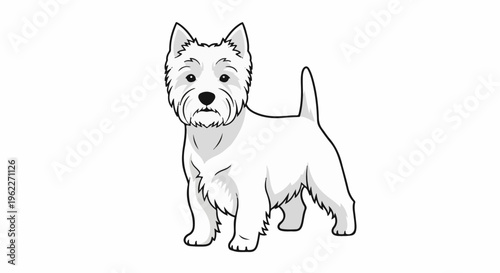 A white cartoon dog stands facing forward with its tail up