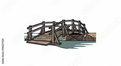 An old wooden footbridge spans a tranquil blue body of water with rocky banks