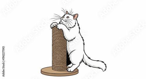 A white cat with pink eyes is playfully scratching a tall, thick rope-covered post