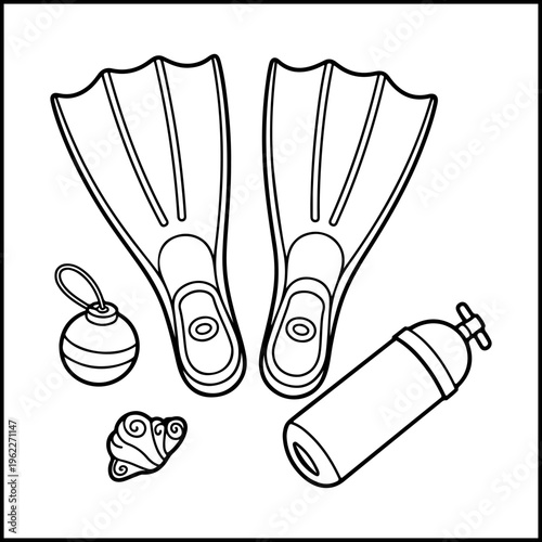 Coloring page of comfy ocean sea creatures and shells flat design vector illustration