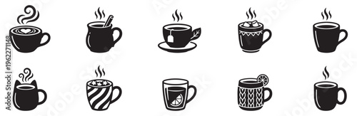 Hot beverage and coffee icon set. Tea cups and mugs collection silhouettes. Vector Illustration. EPS 10