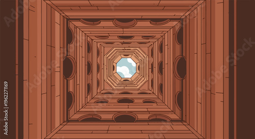 Abstract tunnel looking up to a sky with clouds